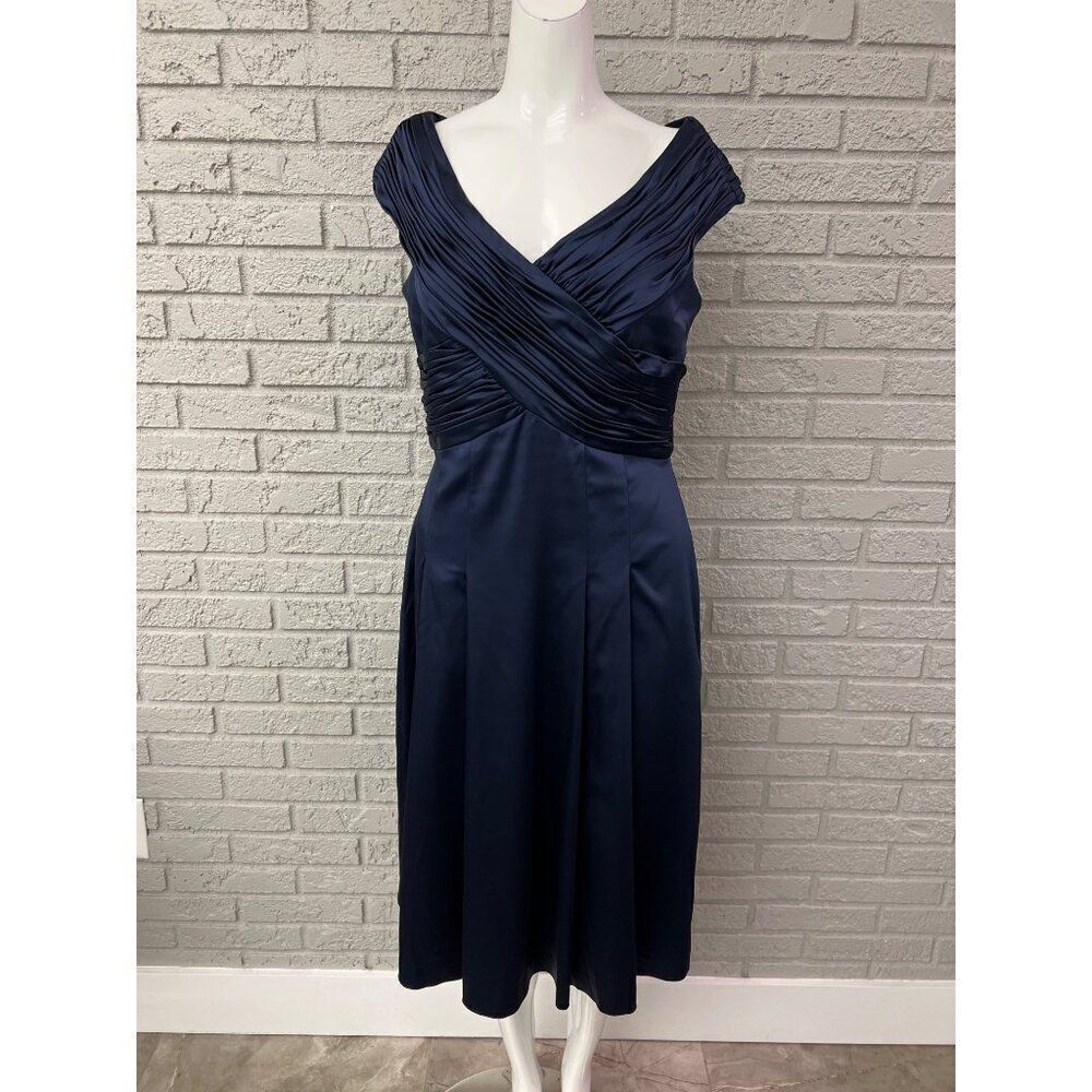 Calvin Klein Women Navy Crisscross Pleated V Neck Semi-Formal Dress Size 8